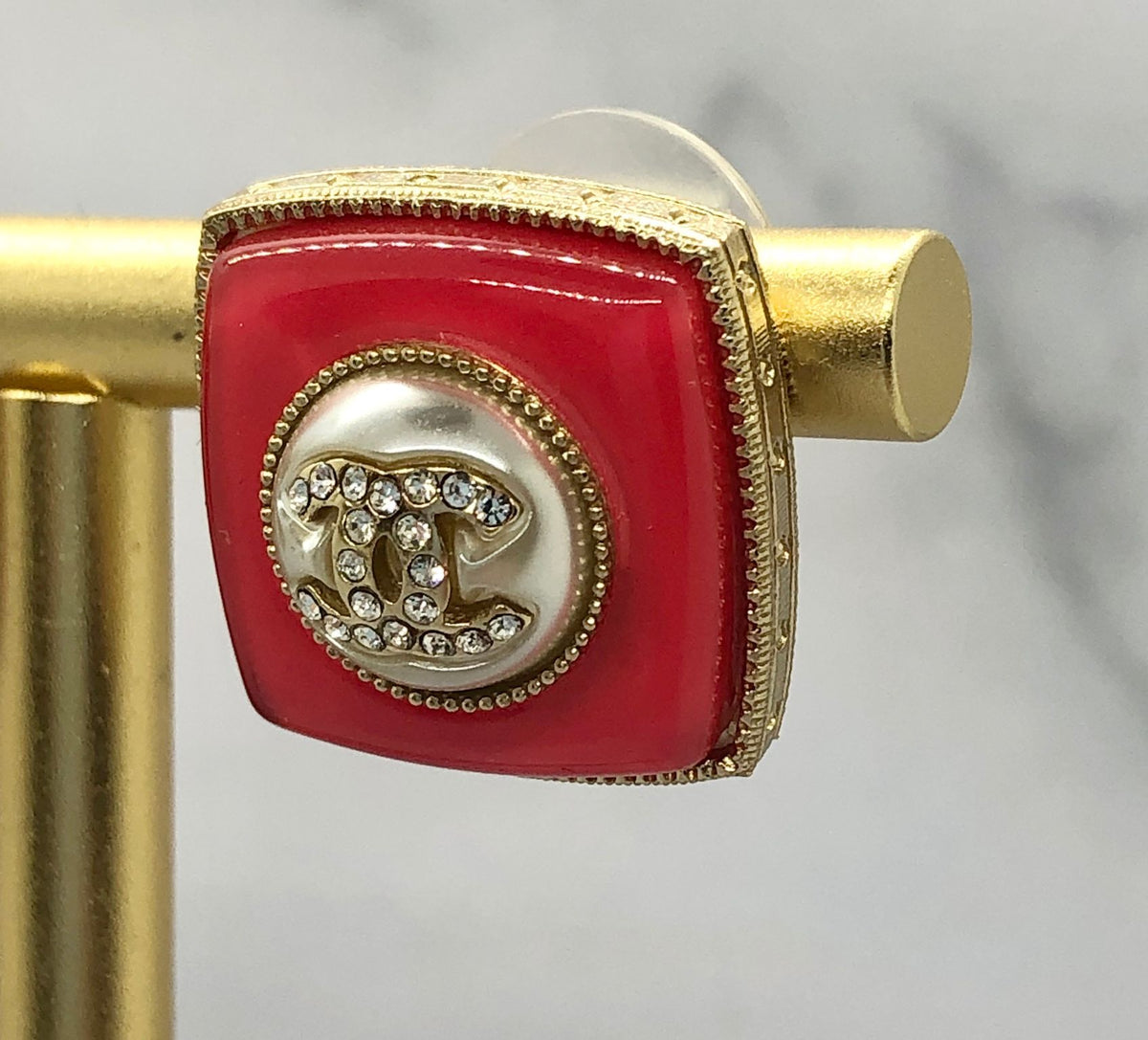 CHANEL CC Red Rhinestone Square Earrings - USED