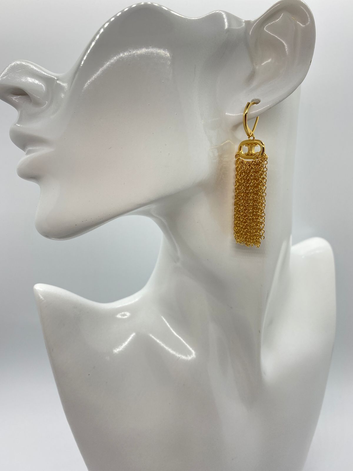 CELINE Gold Tone Fringe Monogram Pendant Earrings - Pre owned