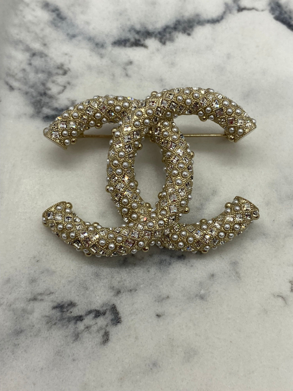 CHANEL CC Gold Tone Rhinestone Brooch Pin - USED