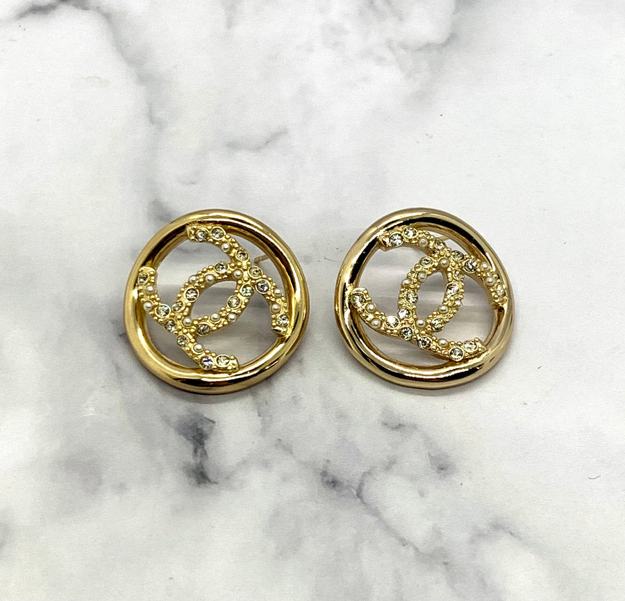CHANEL CC Gold Tone Rhinestone Earrings - Pre owned
