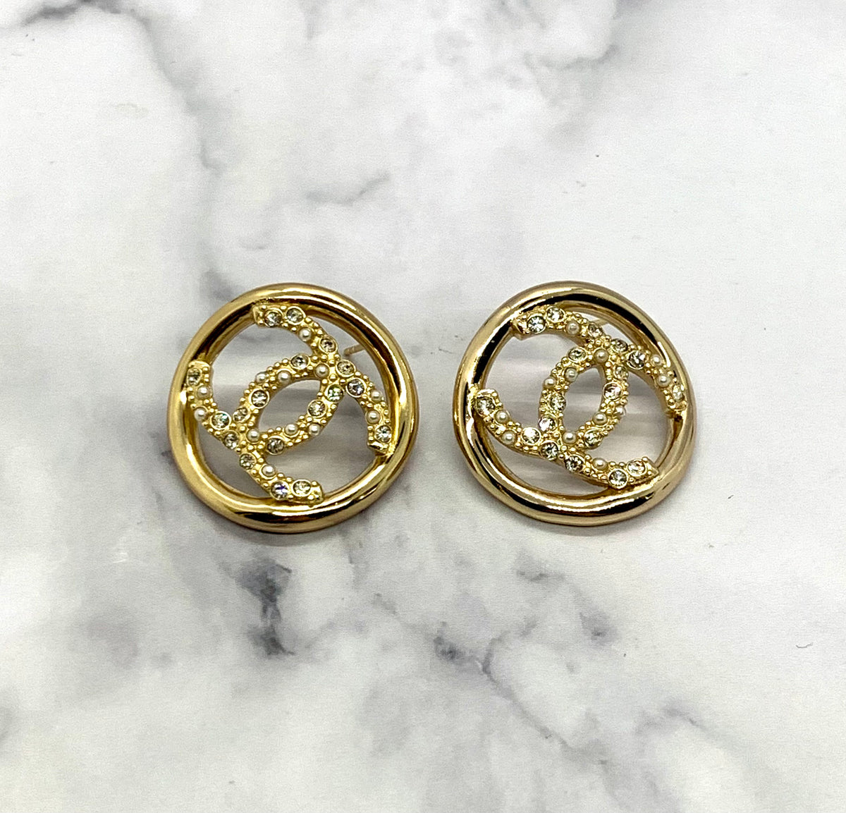 CHANEL CC Gold Tone Rhinestone Earrings - Pre owned