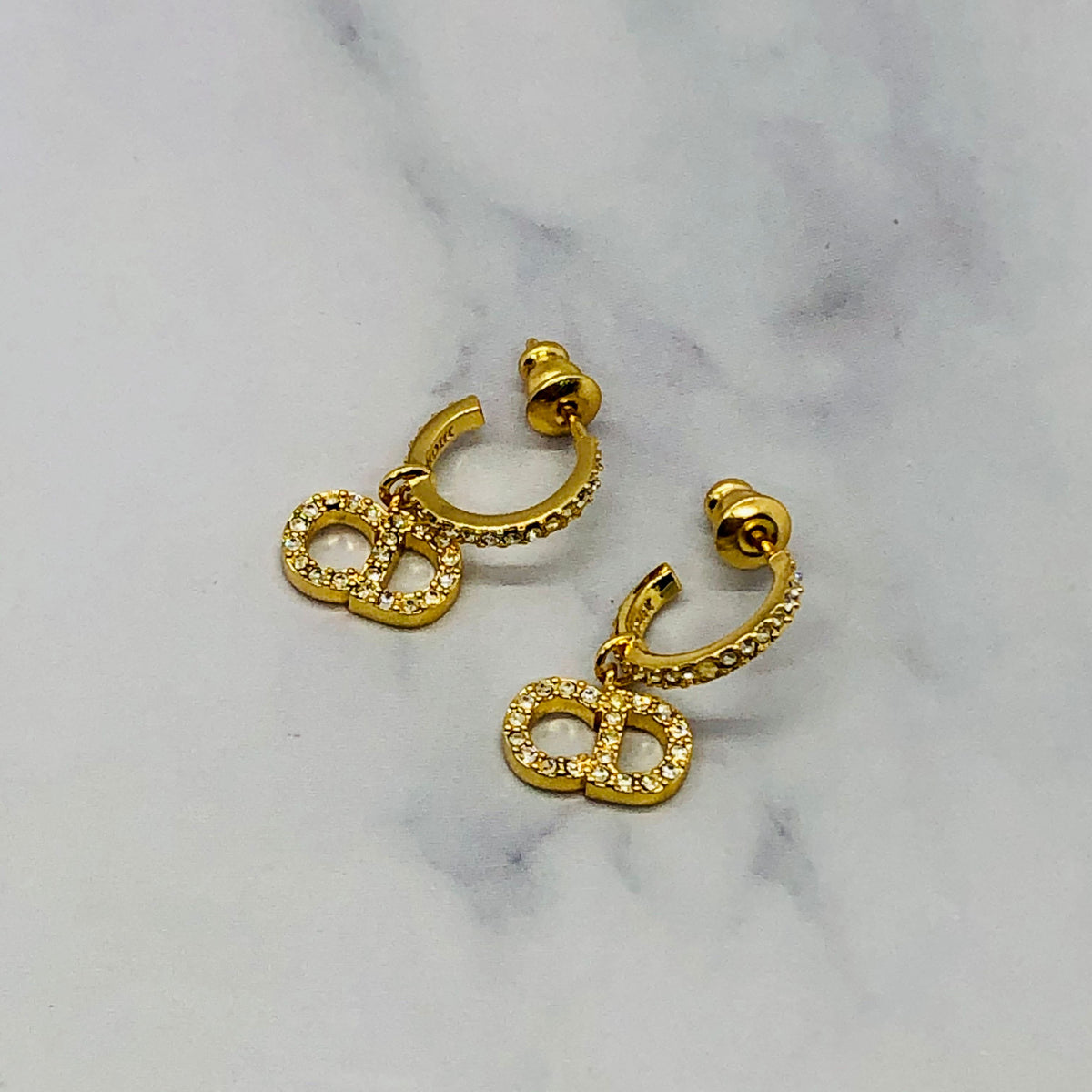 CHRISTIAN DIOR CD Gold Tone Rhinestone Earrings - Pre owned