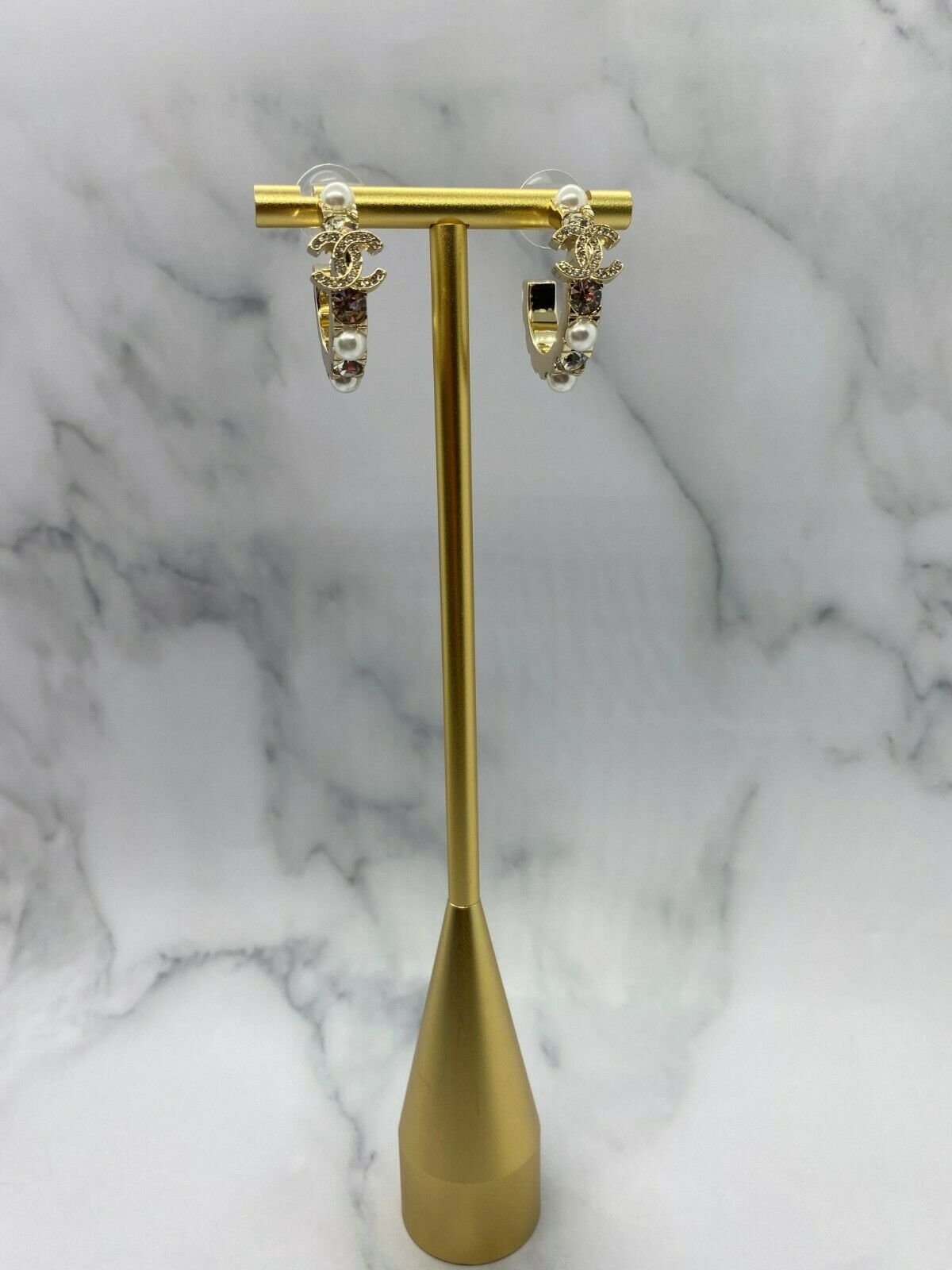 CHANEL CC Gold Tone Pearl & Rhinestone Hoop Earrings - USED