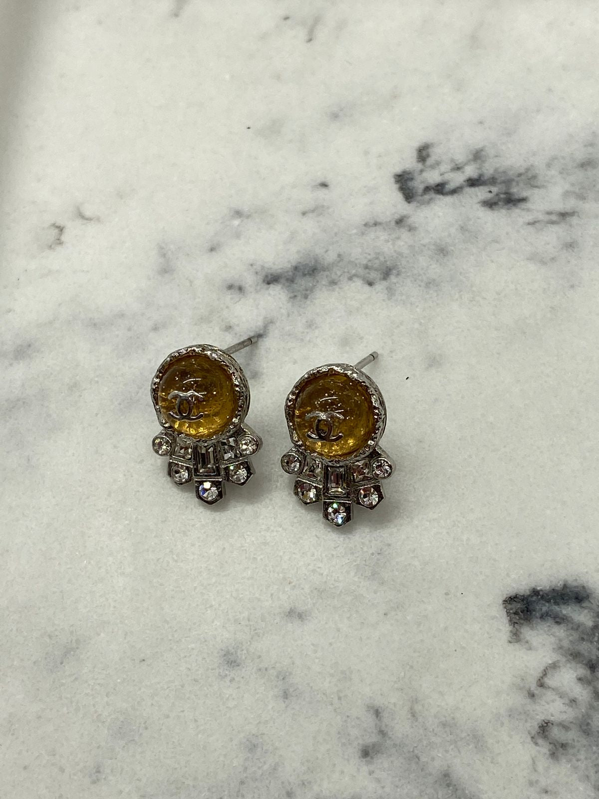 CHANEL CC Silver Tone Rhinestone Earrings - USED