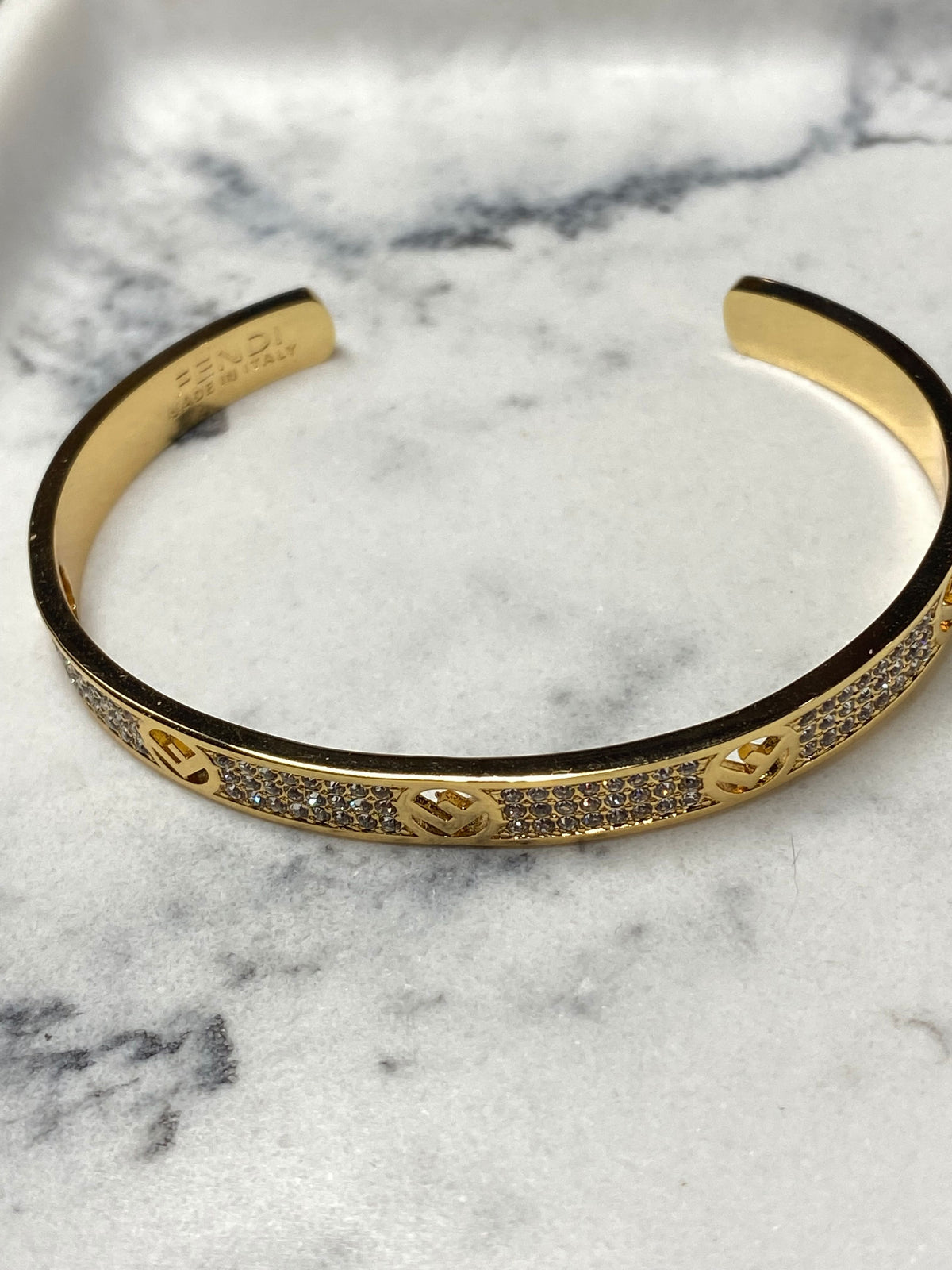 FENDI F Gold Tone Rhinestone Cuff Bracelet - Pre owned