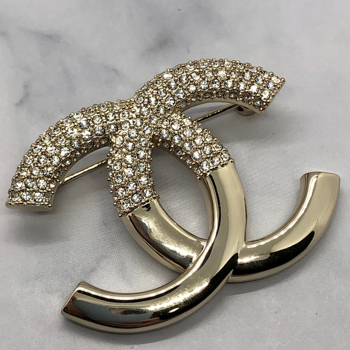 CHANEL CC Half Rhinestone Gold Tone Earrings - Pre owned