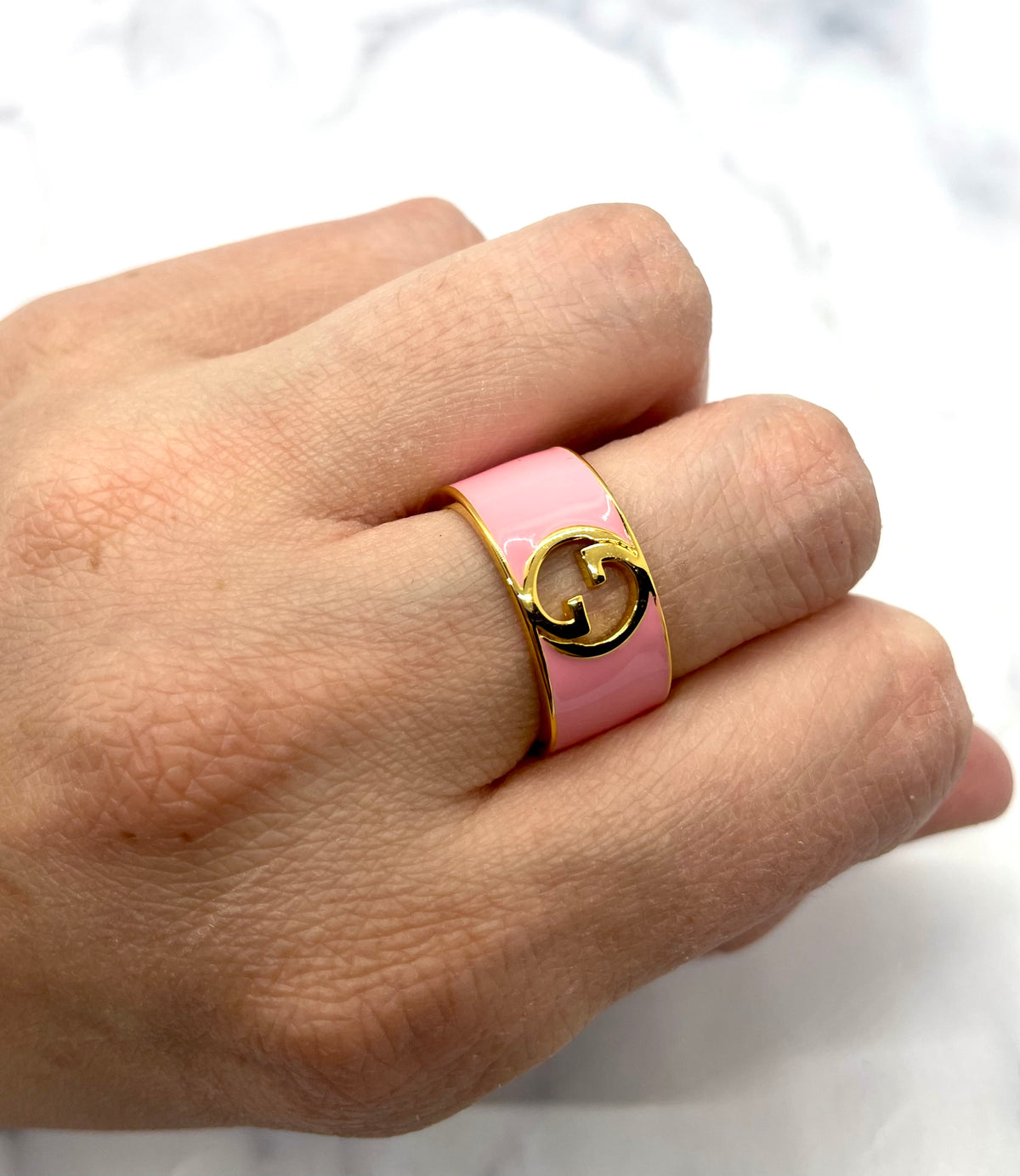 GUCCI Pink Enamel Monogram Ring Size 7.5 - Pre owned