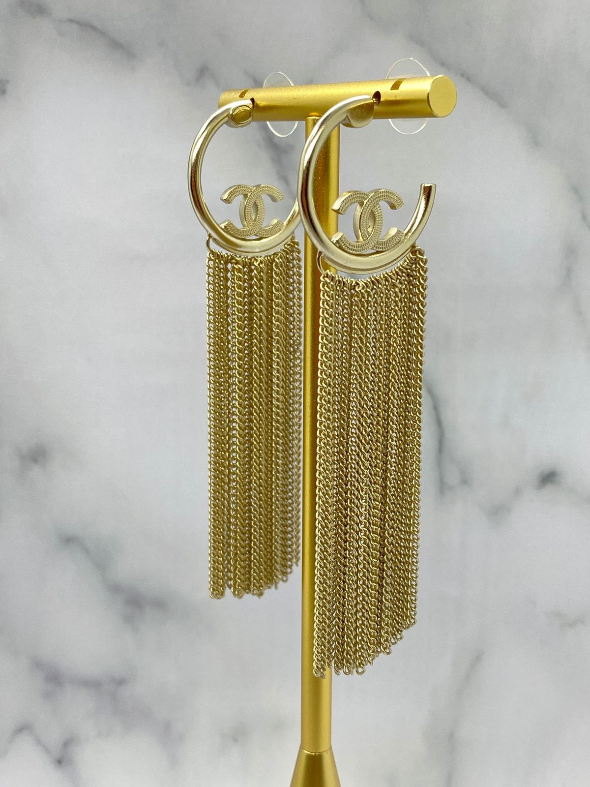 CHANEL CC Monogram Chain Fringe Hoop Earrings - Pre owned