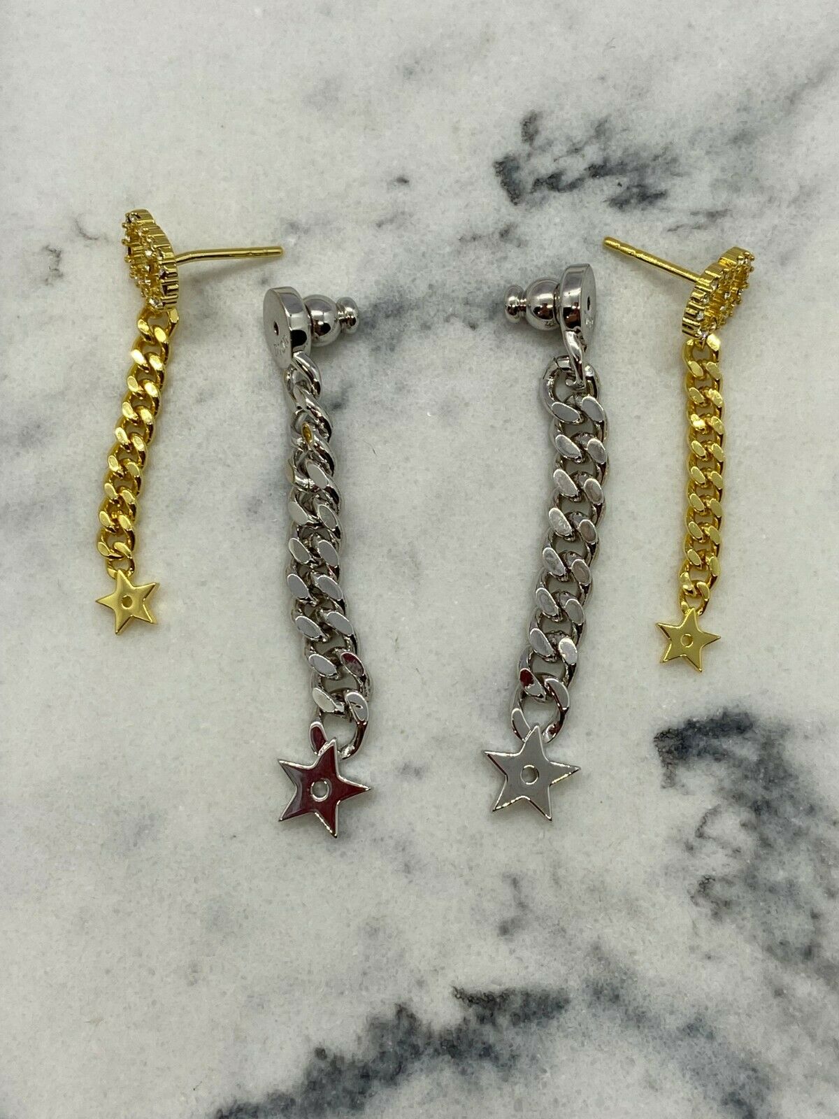 CHRISTIAN DIOR CD Silver & Gold Chain Pendant Earrings - USED
