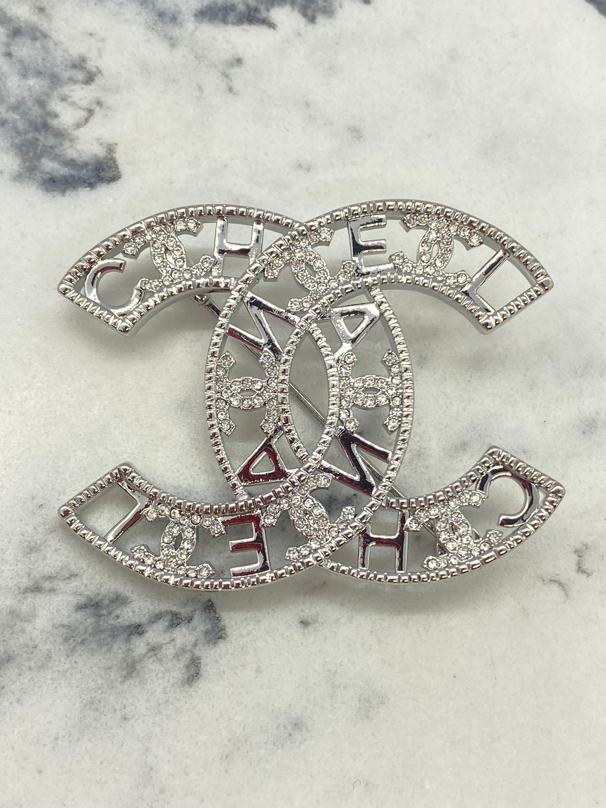 CHANEL CC Silver Tone Rhinestone Brooch Pin - Pre owned