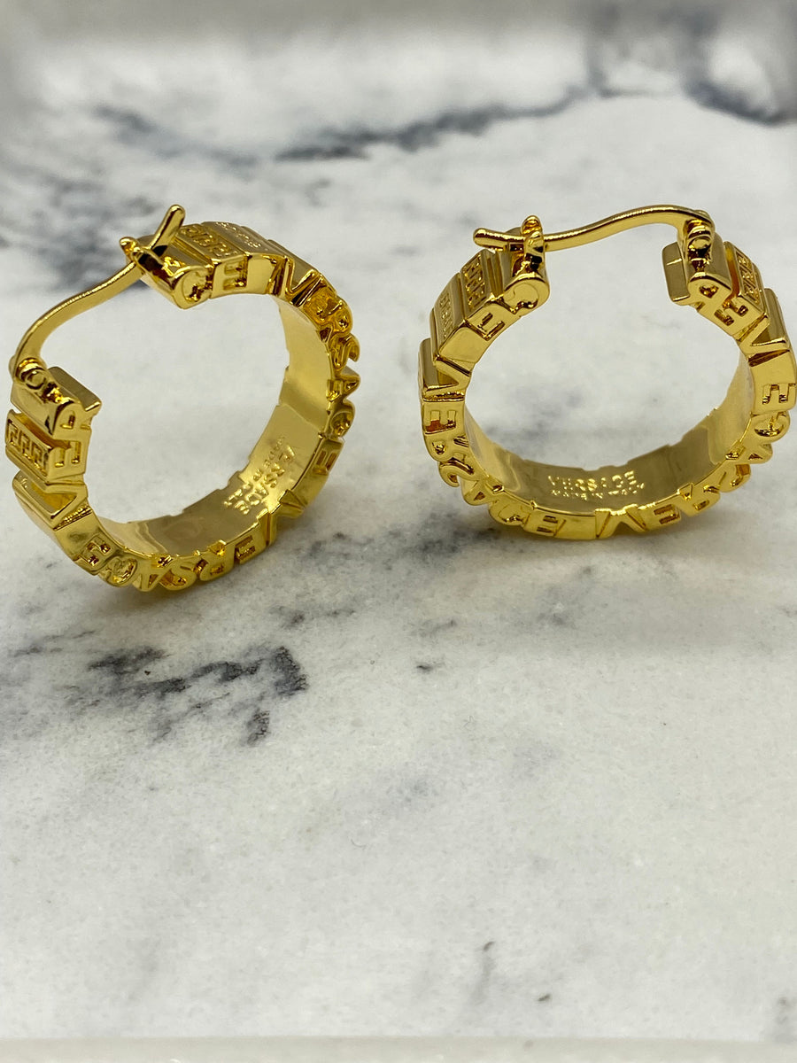 VERSACE Gold Tone Monogram Hoop Earrings - Pre owned