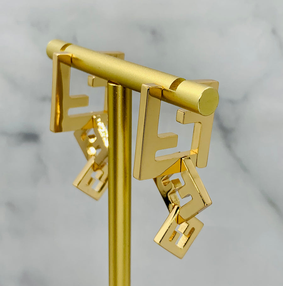 FENDI FF Gold Tone Pendant Earrings - Pre owned