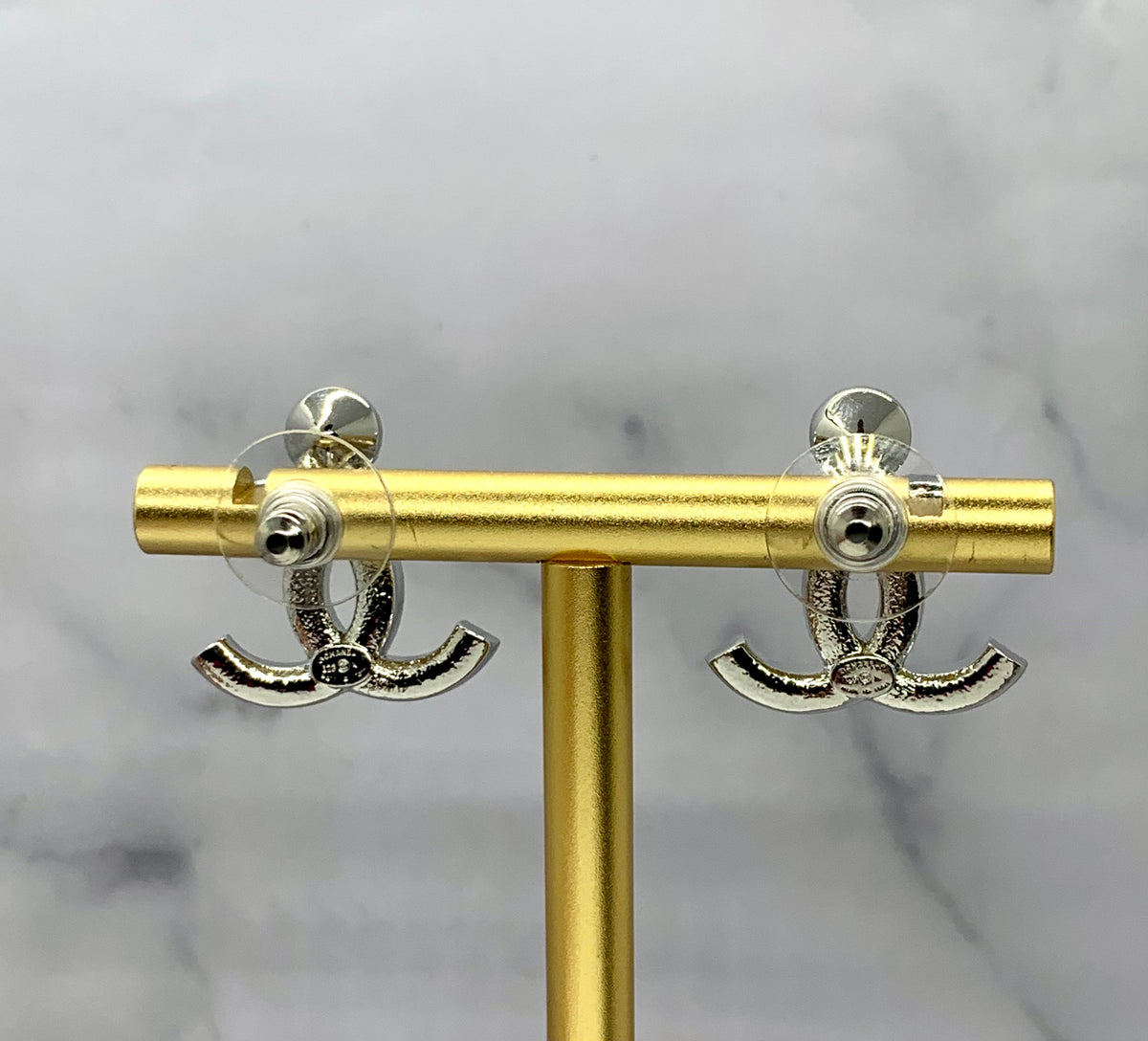 CHANEL CC Silver Tone Rhinestone Earrings - USED
