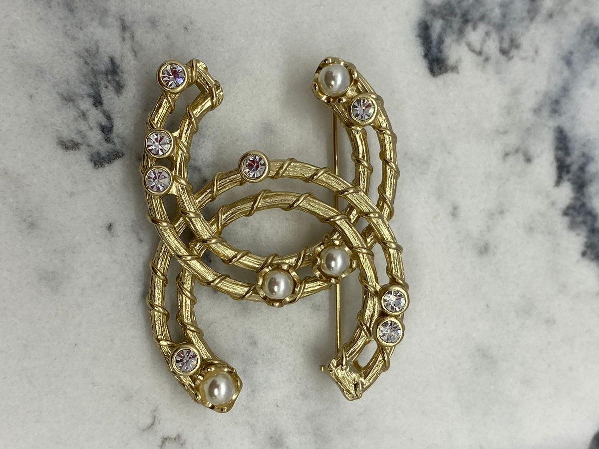 CHANEL CC Gold Tone Rhinestone Brooch Pin - USED