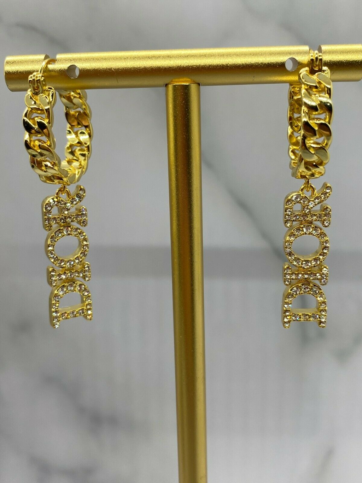 CHRISTIAN DIOR Gold Tone Rhinestone Pendant Earrings - Pre owned