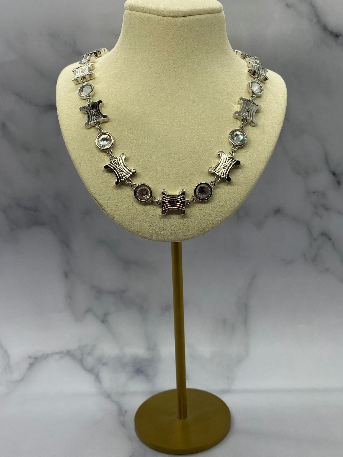 CELINE Silver Tone Monogram Rhinestone Necklace - Pre owned