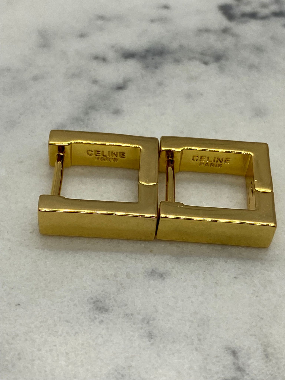CELINE Gold Tone Square Rhinestone Hoop Earrings - Pre owned