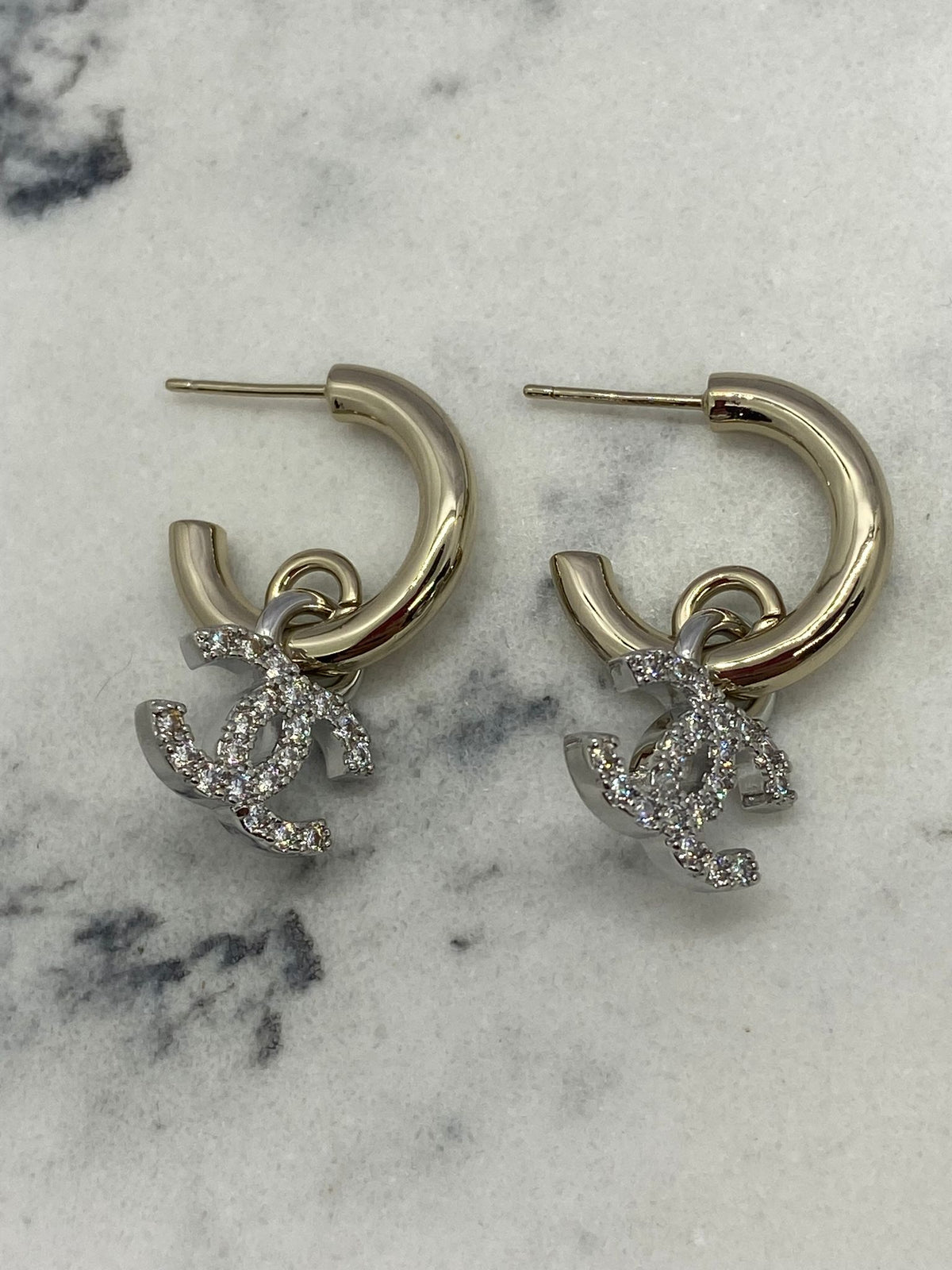 CHANEL CC Silver Tone Rhinestone Earrings - USED