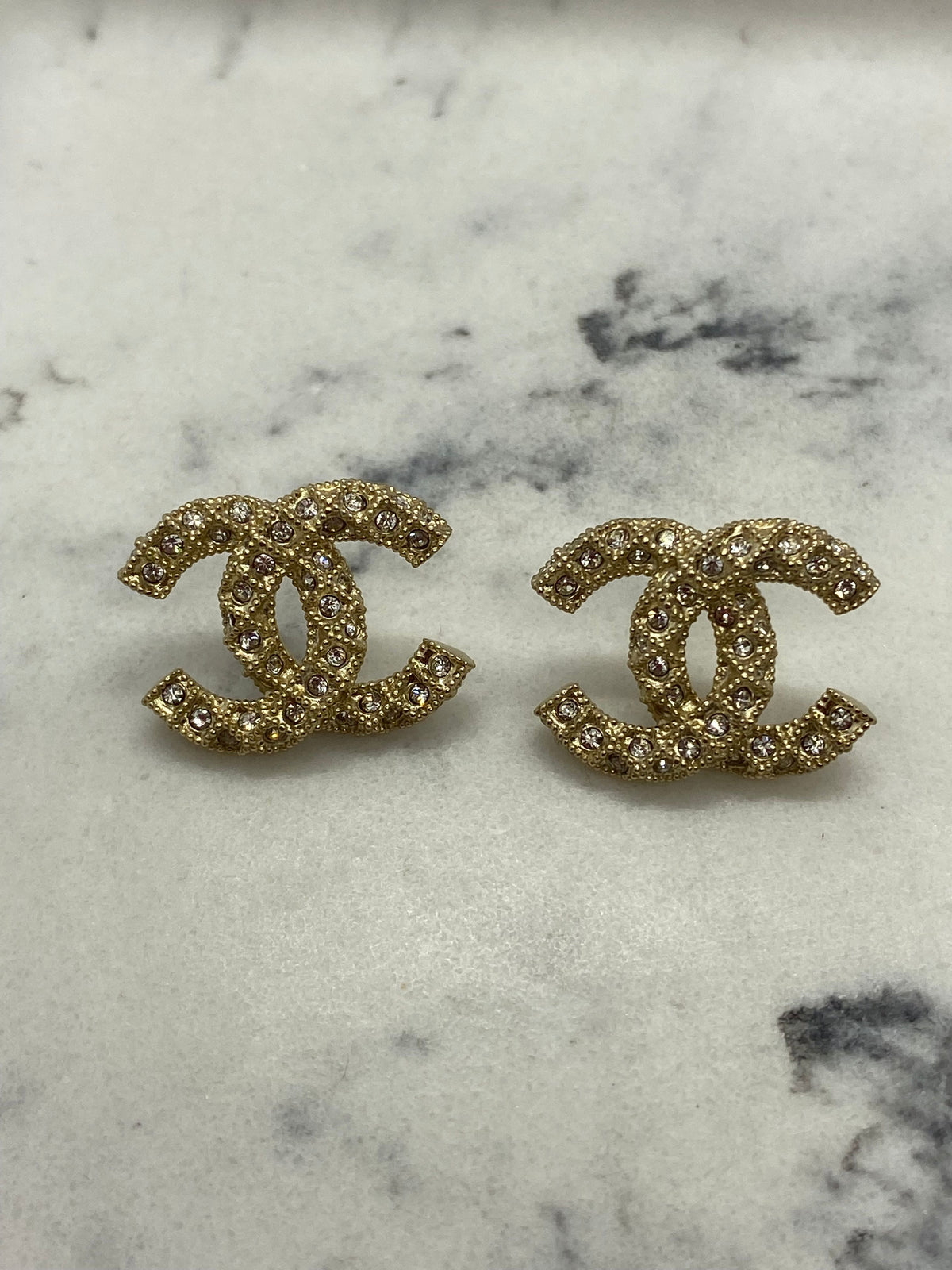 CHANEL CC Gold Tone Rhinestone Textured Earrings - USED