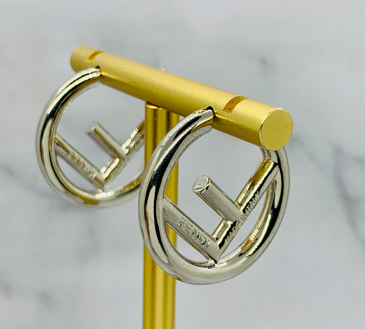 FENDI FF Silver Tone Hoop Earrings - Pre owned