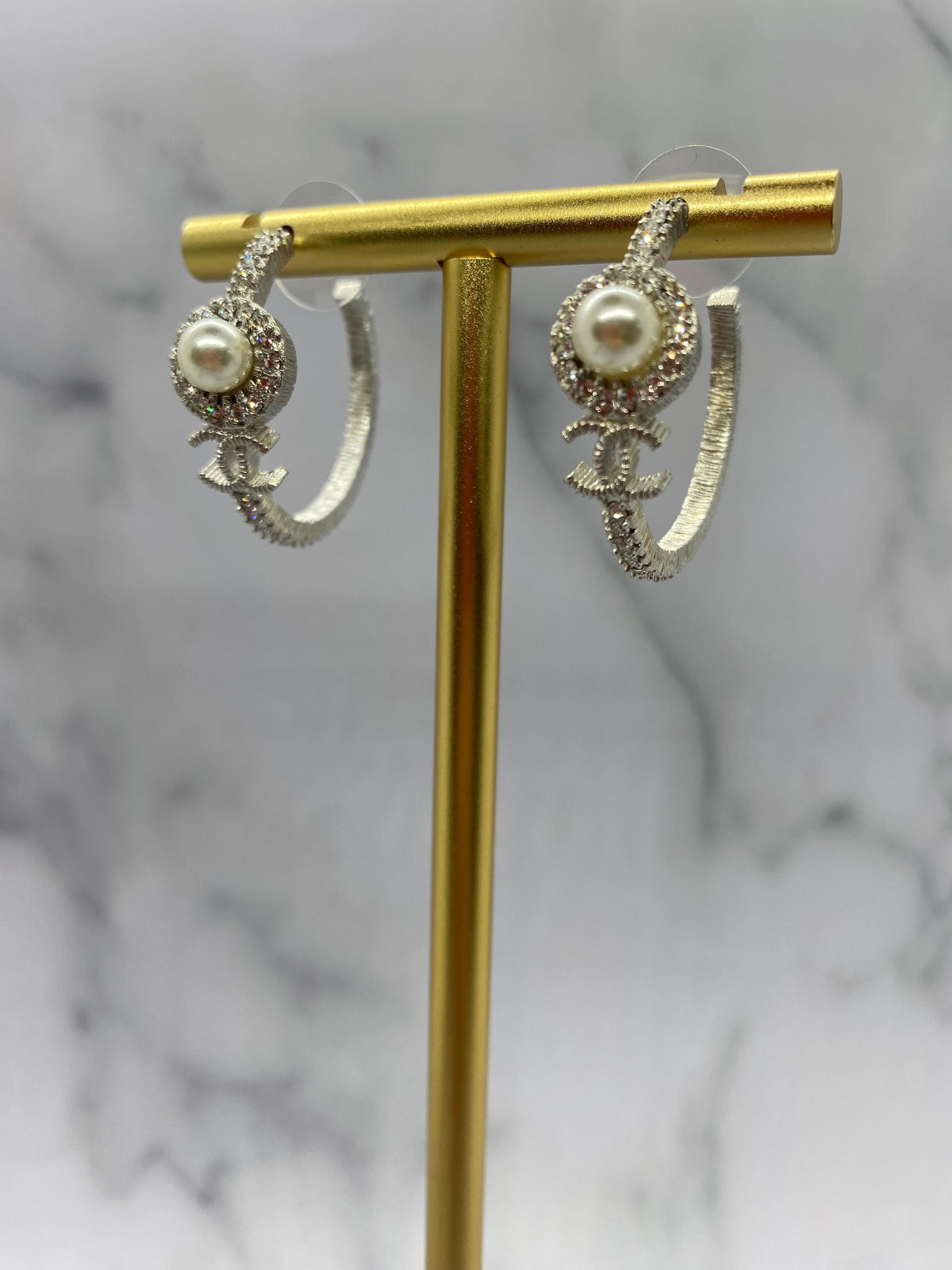 CHANEL CC Silver Tone Pearl Hoop Earrings - USED