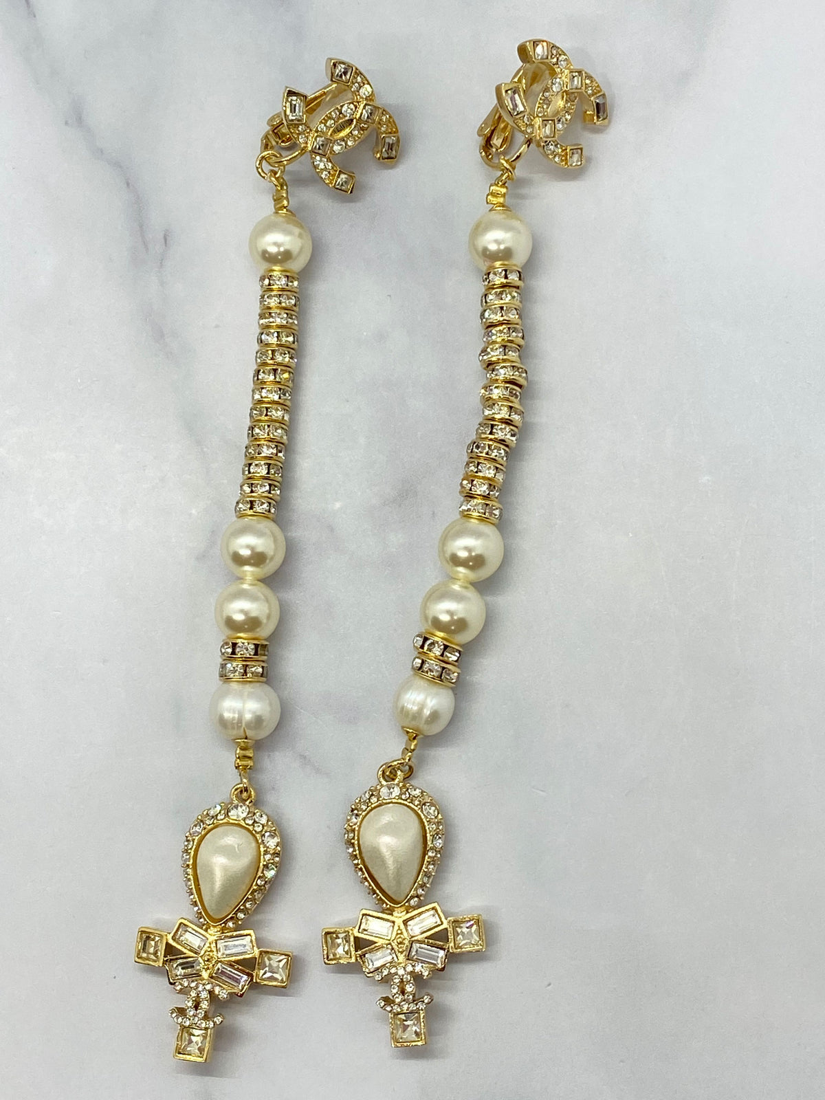 CHANEL CC Gold Tone Pearl Pendant Earrings - Pre owned