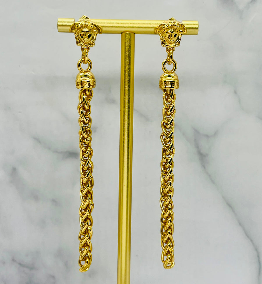 VERSACE Medusa Gold Tone Chain Pendant Earrings - Pre owned