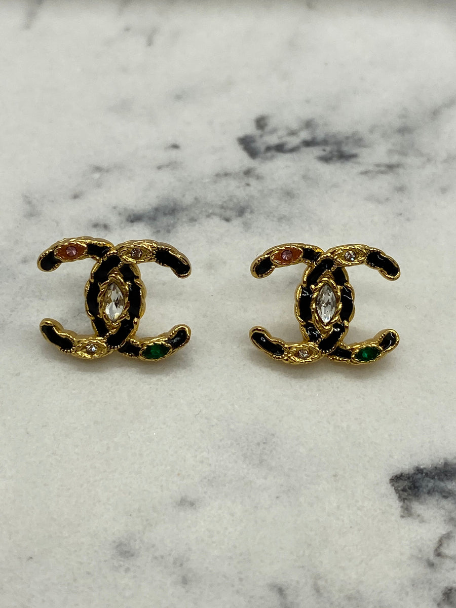 CHANEL CC Gold Tone Multi Color Small Earrings - USED