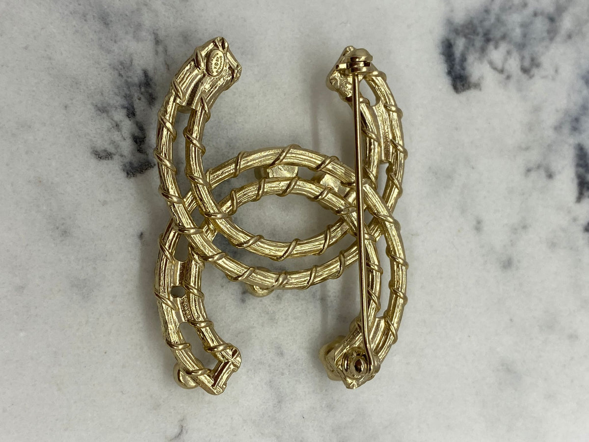 CHANEL CC Gold Tone Rhinestone Brooch Pin - USED