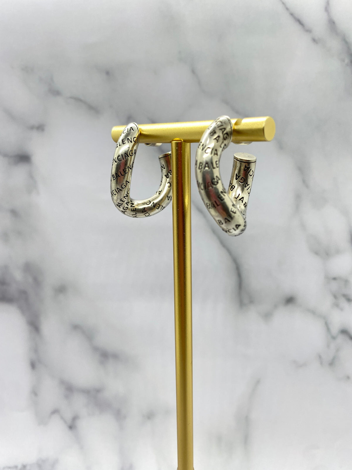 BALENCIAGA Silver Tone Monogram Hoop Earrings - Pre owned
