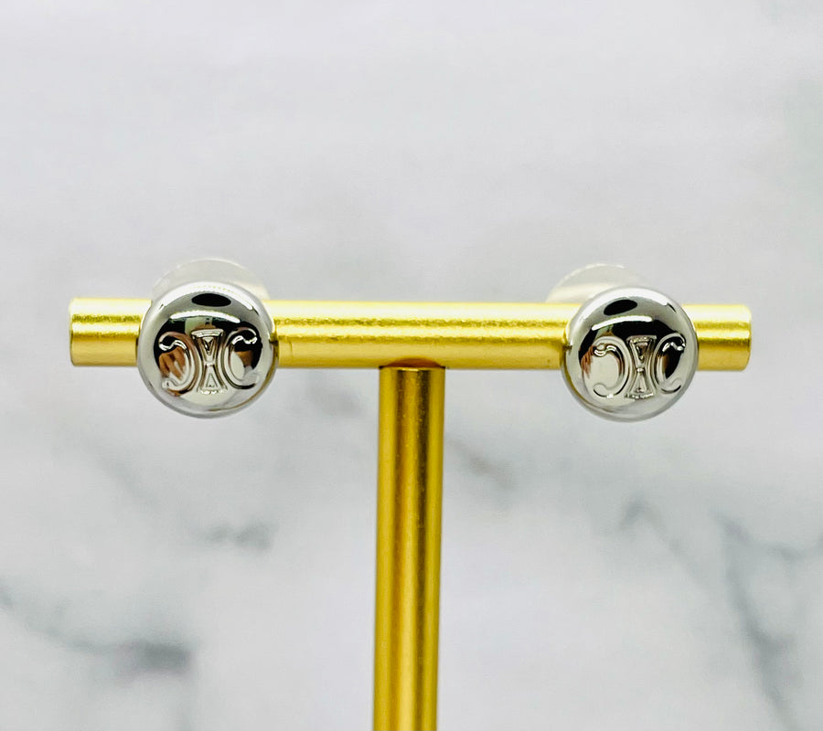 CELINE Monogram Silver Button Earrings - Pre owned