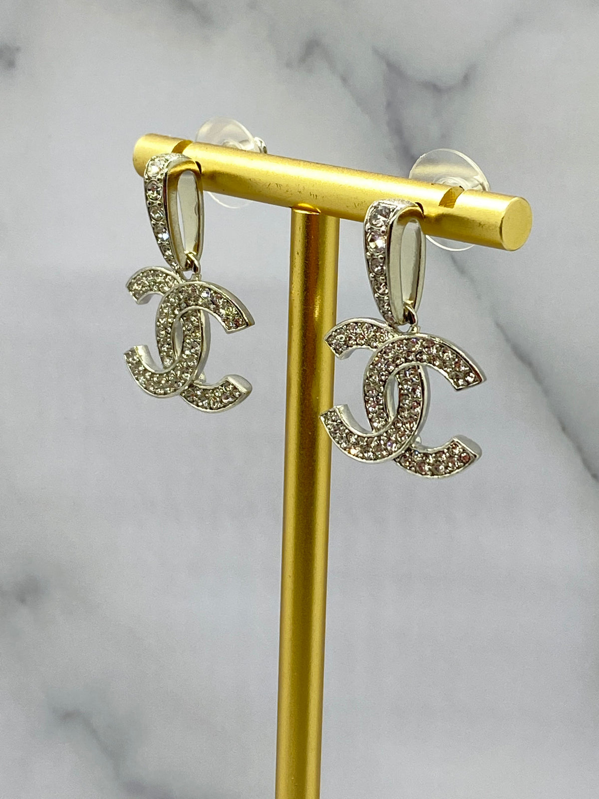 CHANEL CC Silver Tone Rhinestone Earrings - USED