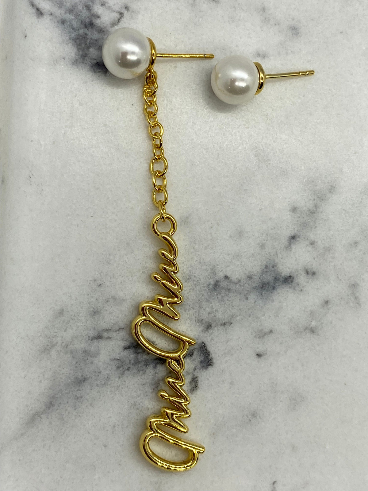 MIU MIU Gold Tone Script Pearl Pendant Earrings - Pre owned