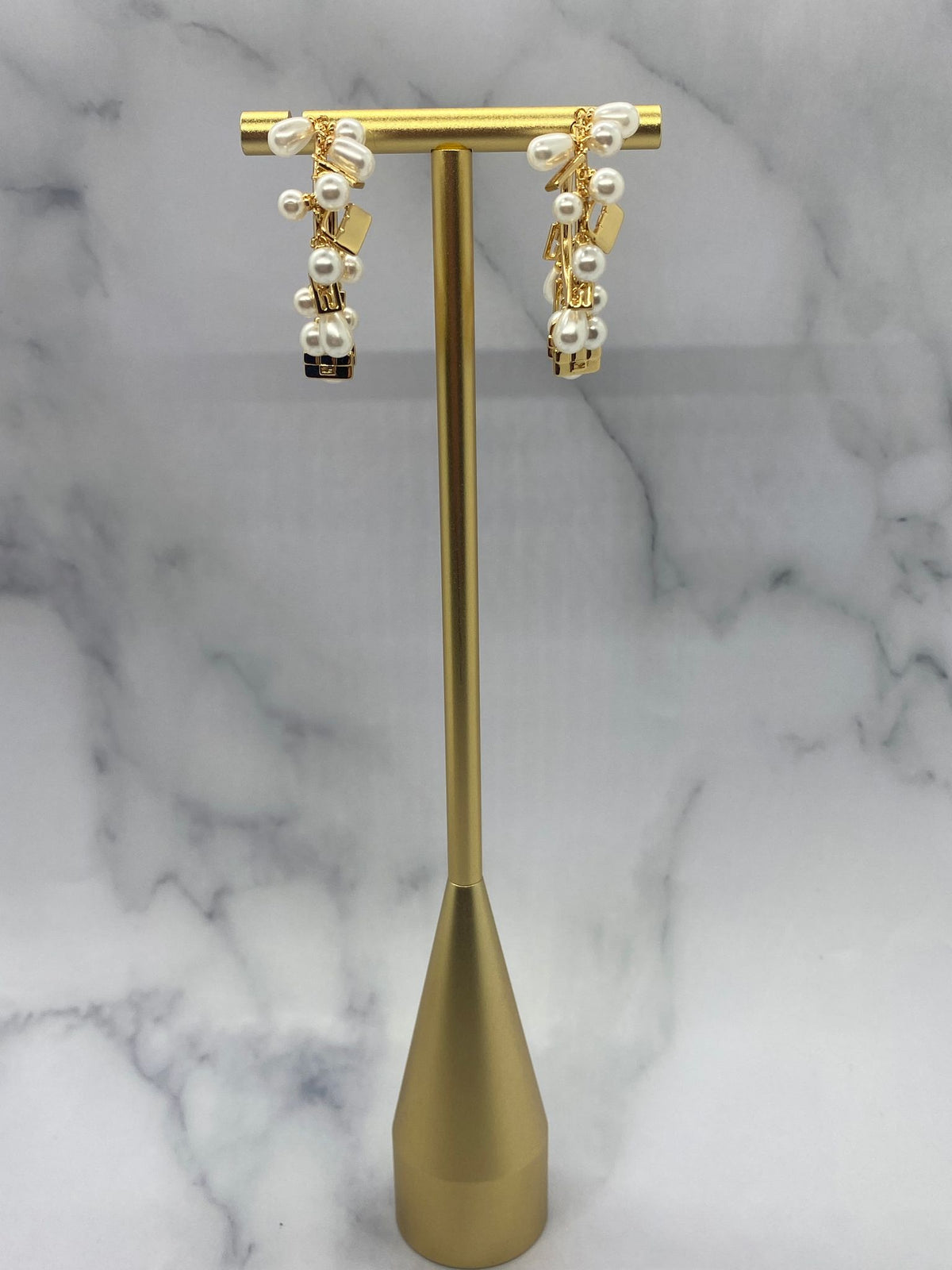 FENDI Gold & Pearl Baguette Charm Hoop Earrings - Pre owned