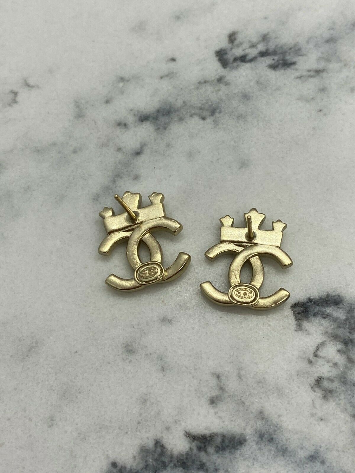 CHANEL CC Gold Tone Rhinestone Crown Earrings - USED
