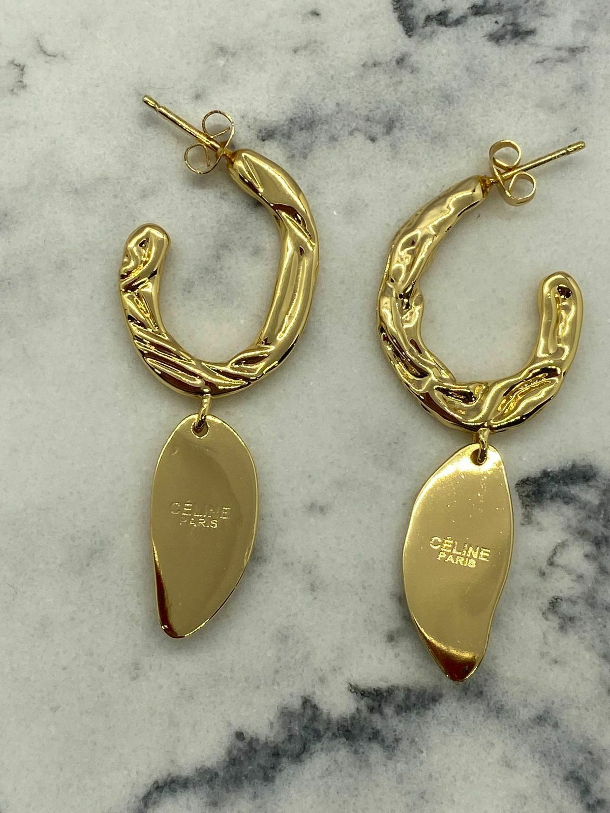 CELINE Grooved Gold Tone Charm Earrings - USED