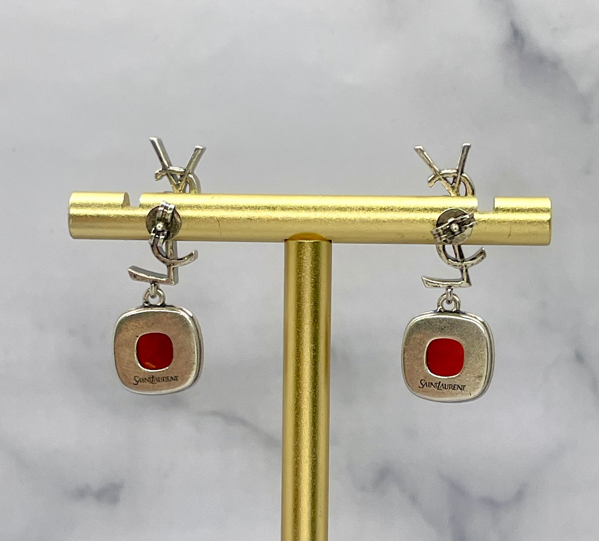 YSL YVES SAINT LAURENT Red Stone Pendant Monogram Earrings - Pre owned