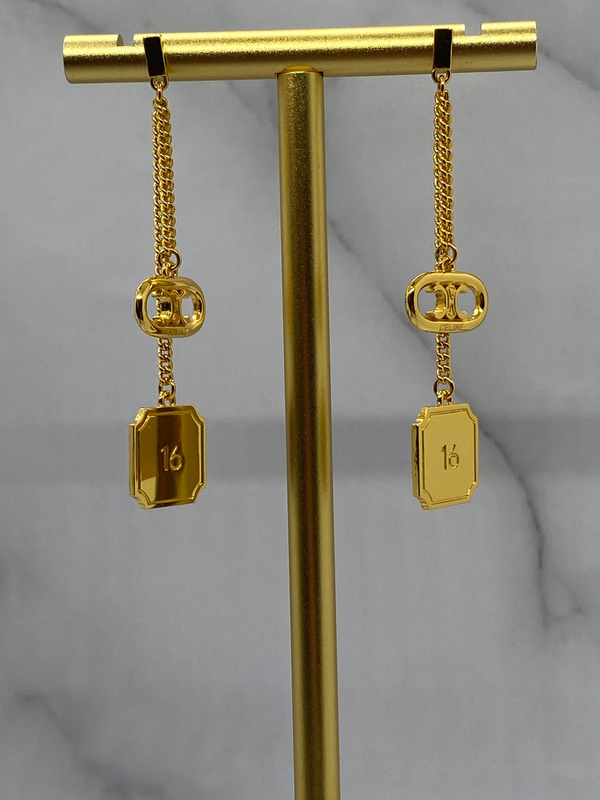 CELINE Gold Tone Monogram Pendant Earrings - Pre owned