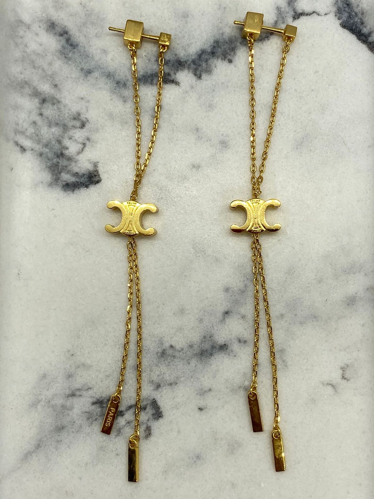 CELINE Gold Tone Pendant Chain Earrings - Pre owned