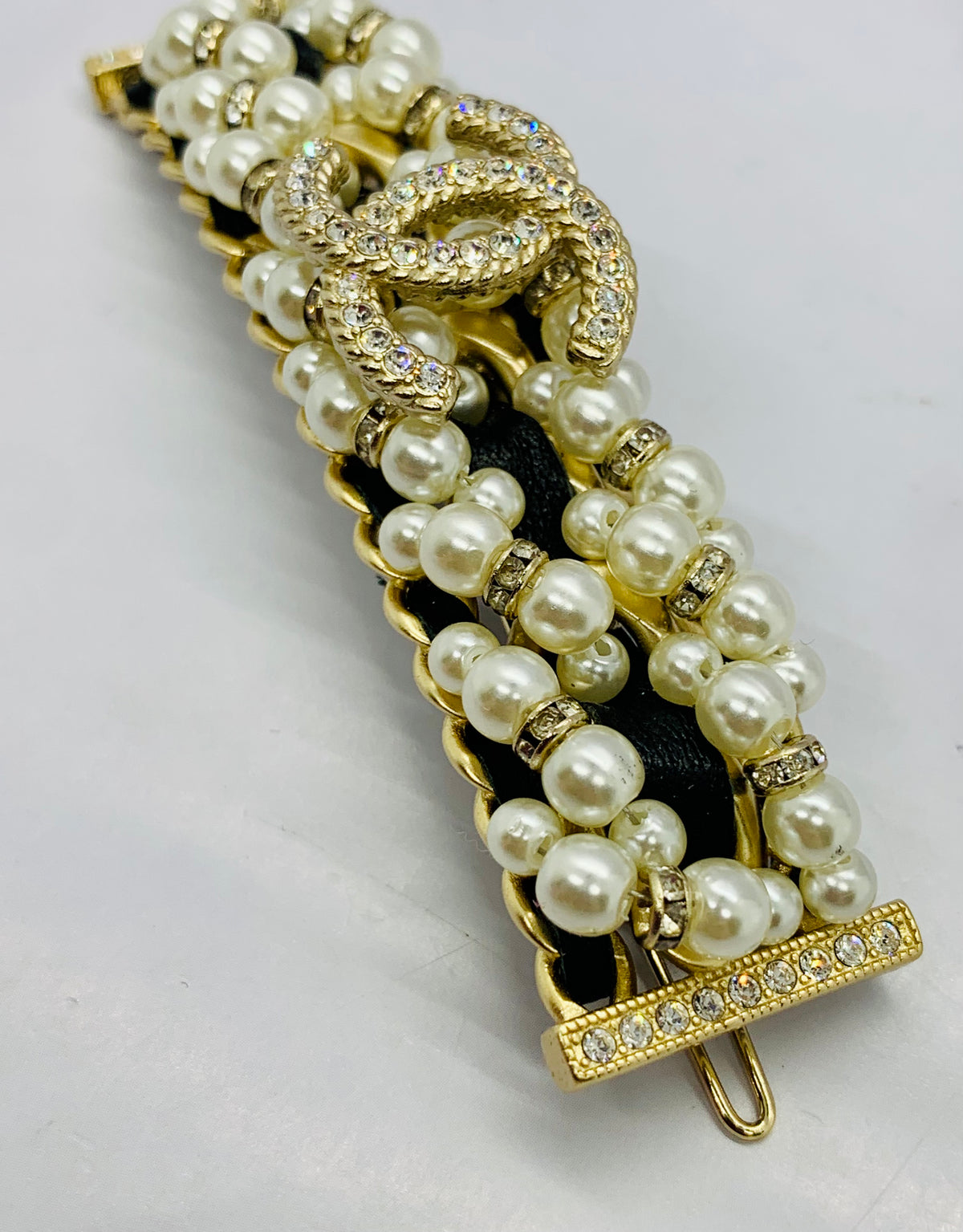 CHANEL CC Pearl & Leather Hair Clip Barrette - USED