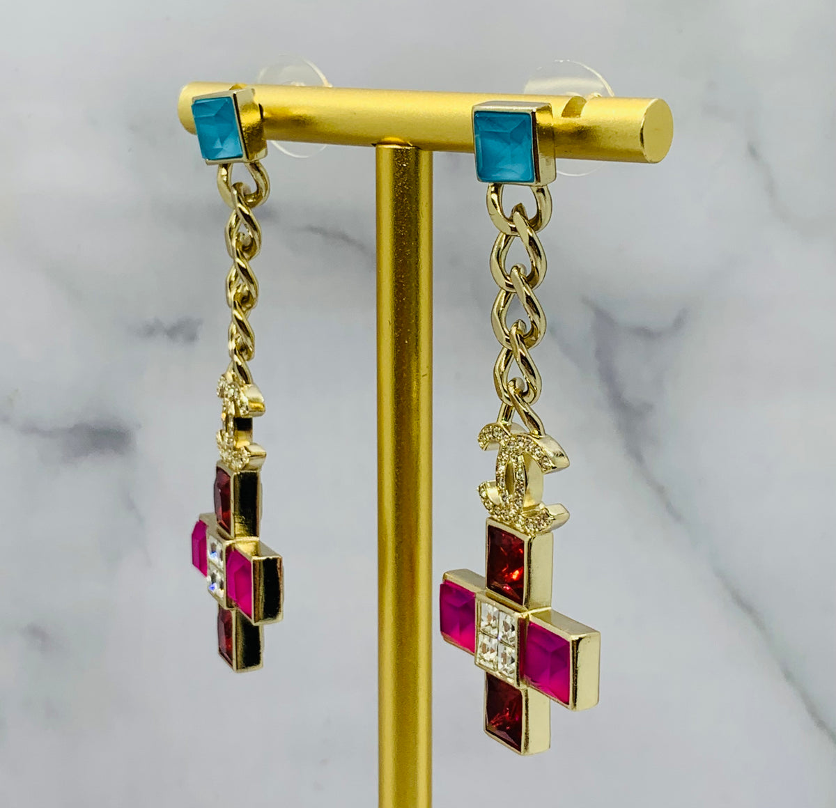 CHANEL CC Rhinestone Cross Pendant Earrings - USED