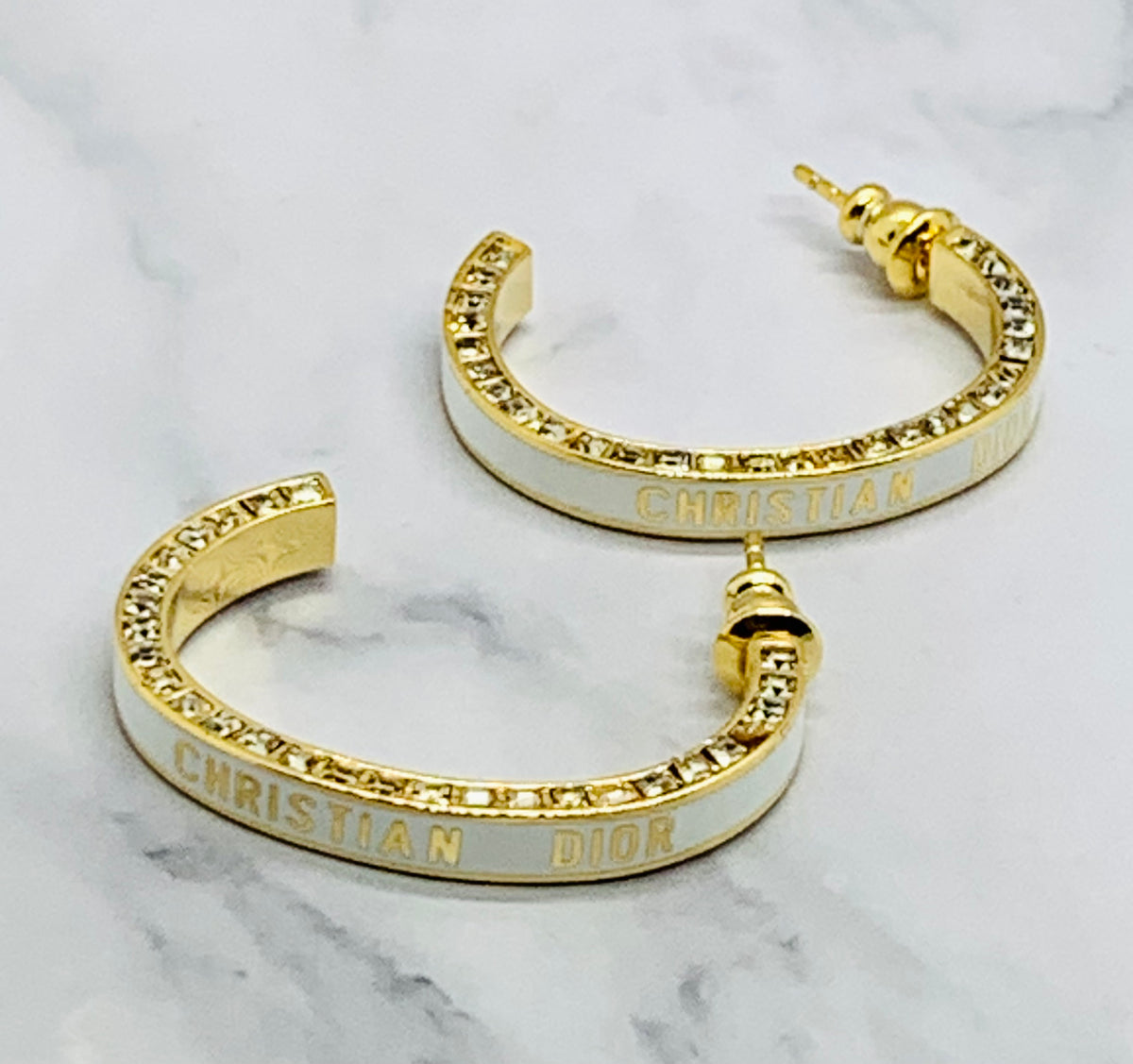 CHRISTIAN DIOR White Rhinestone Hoop Earrings - Pre owned