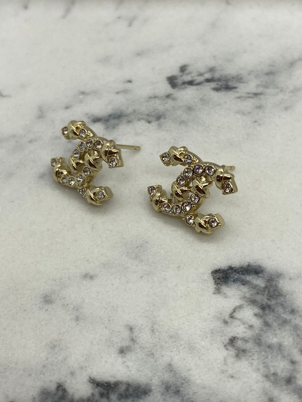 CHANEL CC Gold Tone Rhinestone Small Earrings - USED