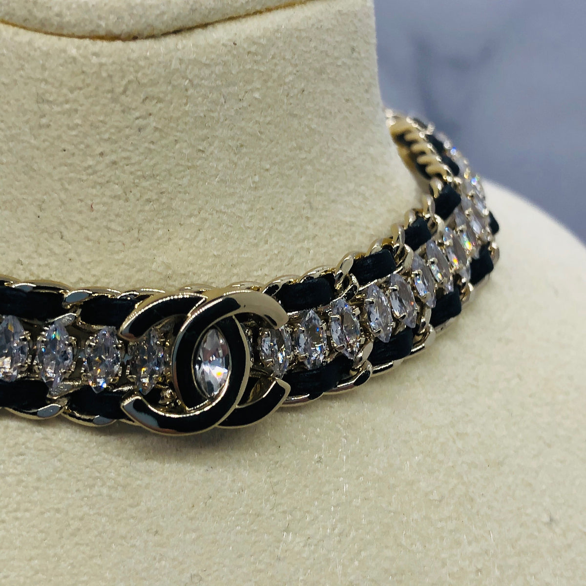 CHANEL CC Leather Rhinestone Choker Necklace - USED