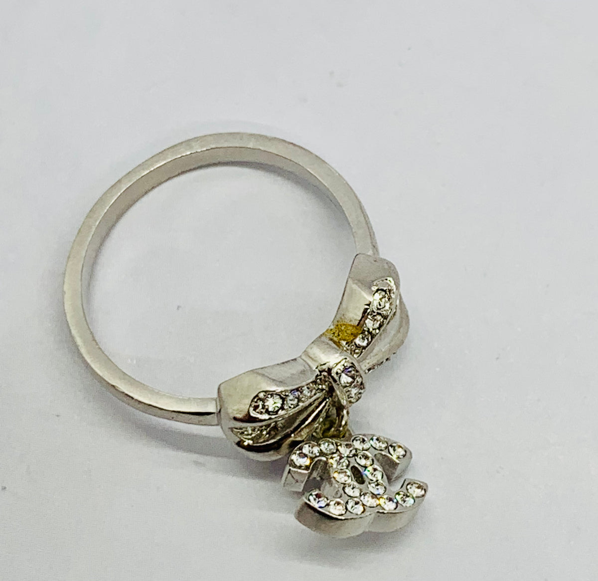 CHANEL CC Rhinestone Bow Ring Size 7 - USED