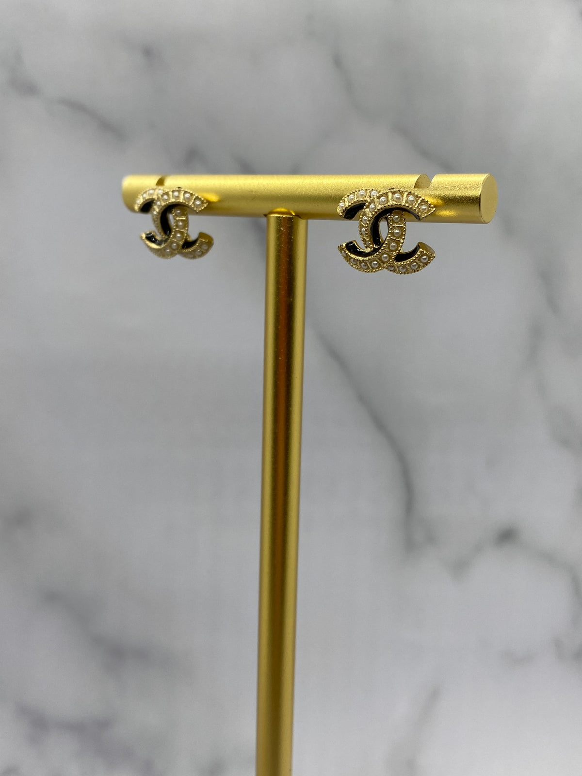 CHANEL CC Gold Tone Pearl Small Earrings - USED