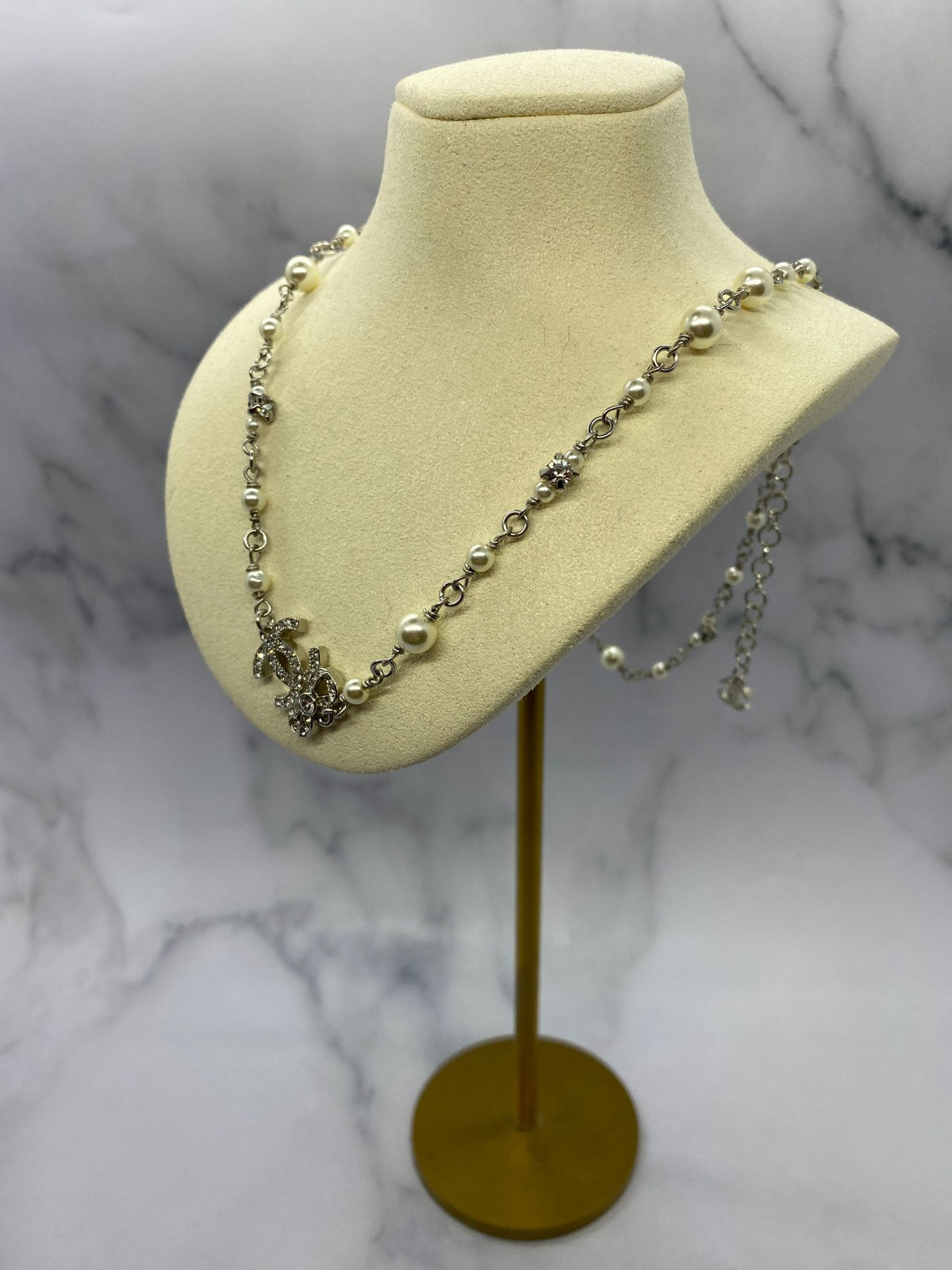 CHANEL CC Silver Tone Rhinestone Necklace - USED