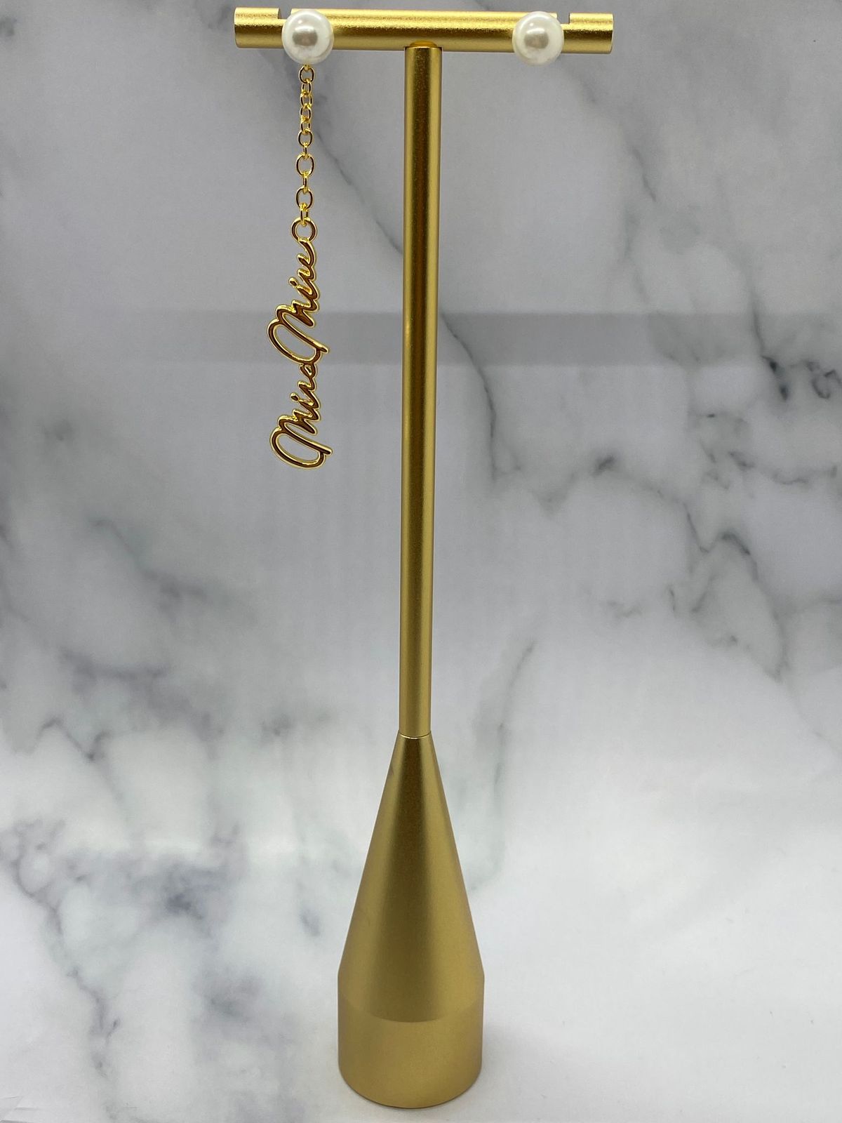 MIU MIU Gold Tone Script Pearl Pendant Earrings - Pre owned