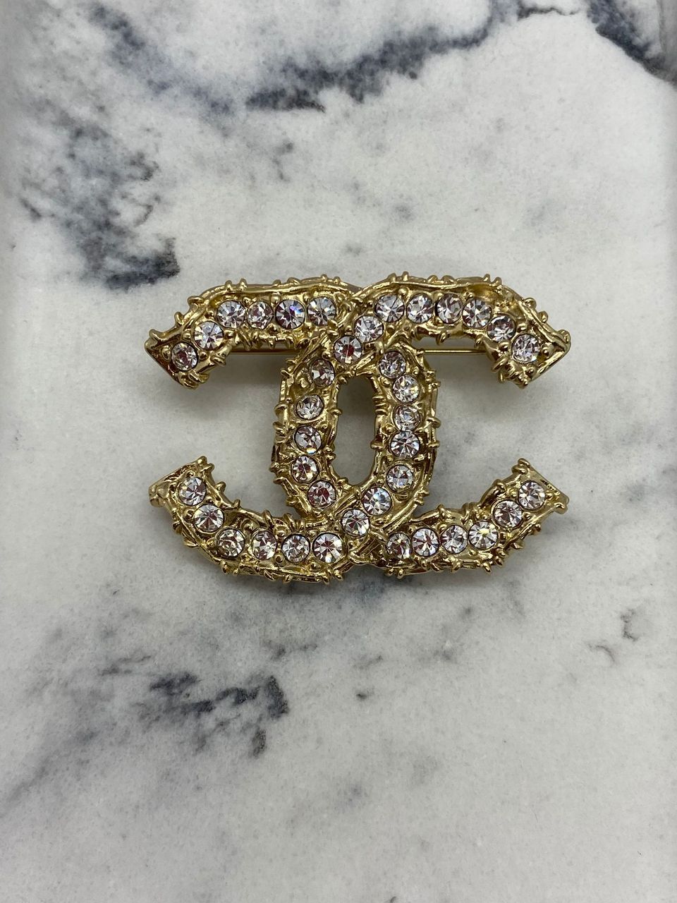 CHANEL CC Rhinestone Trim Brooch Pin - USED
