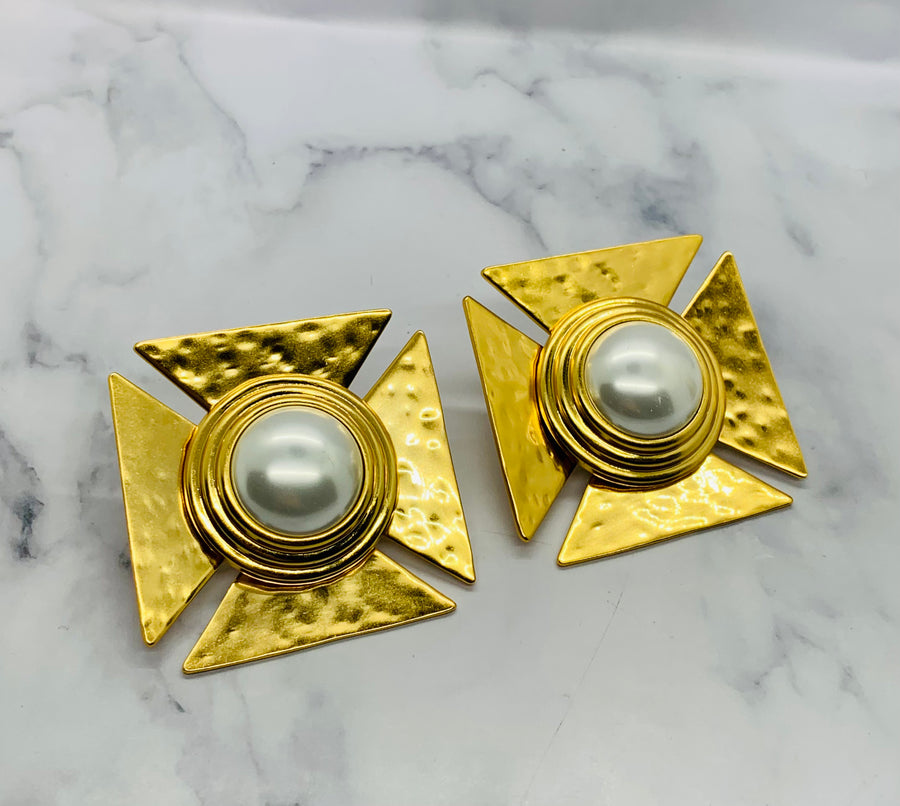 YSL YVES SAINT LAURENT Cross Pearl Clip On Earrings - Preowned